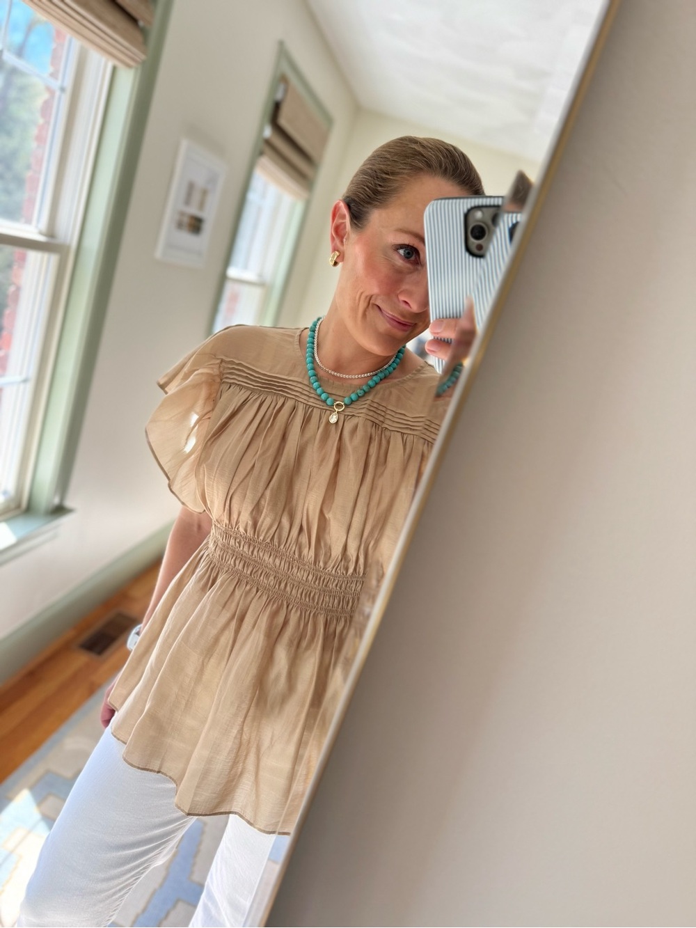 Anthropologie Beige Flutter-Sleeve Smocked Waist Blouse